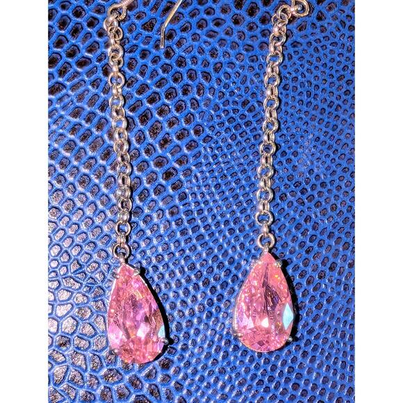 Marked EC 925 Sterling Silver Long Dangle Pink Teardrop Crystal Earrings - Picture 1 of 9